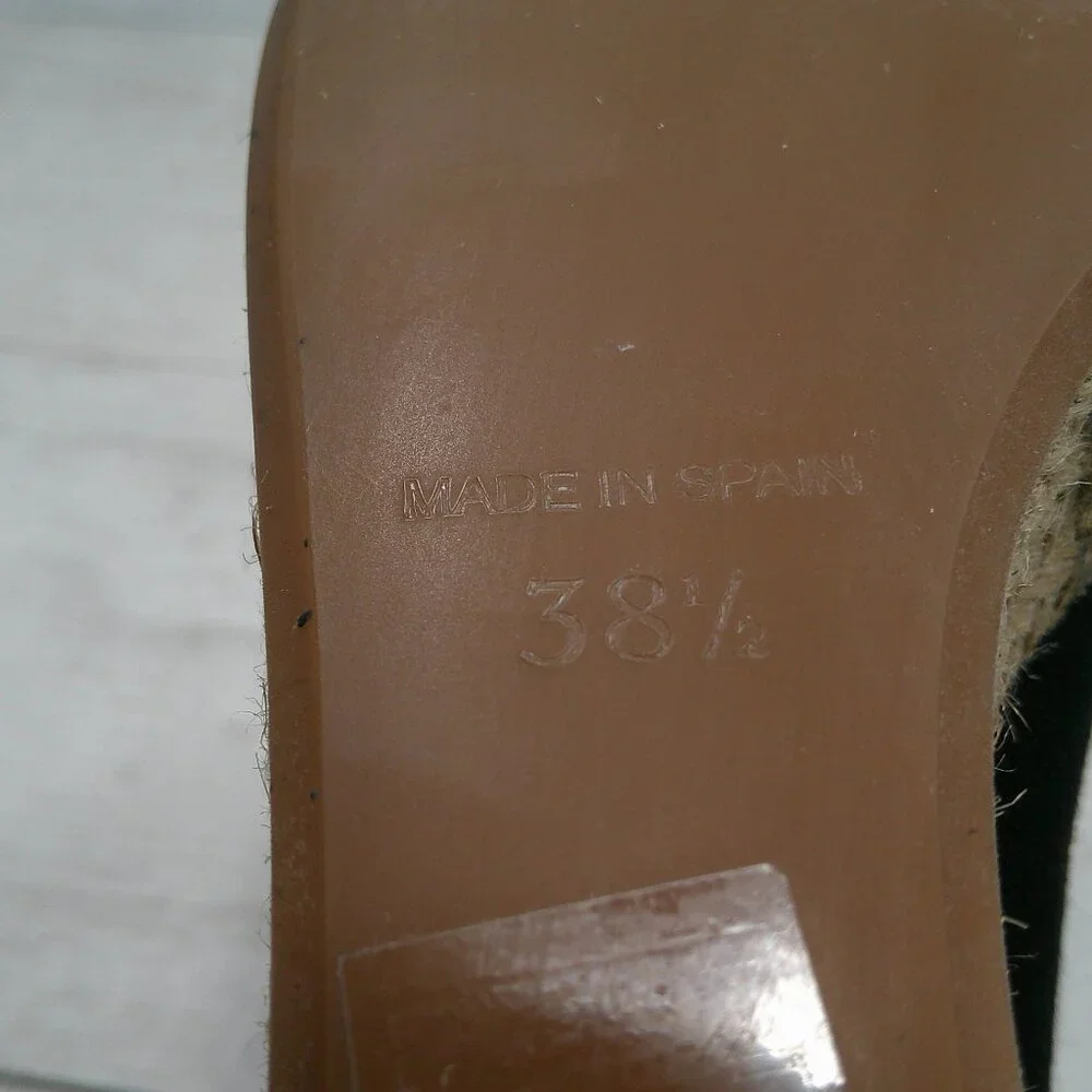 Tory Burch Old Money Black & Tan Majorca Peep Toe Wedge Espadrille Size 38 1/2